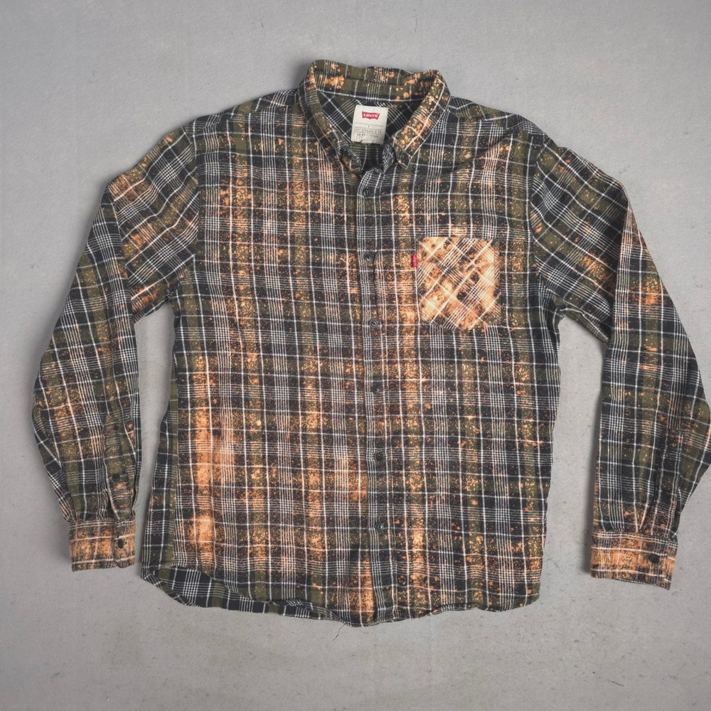 Levi Strauss Co‎ Bleached Plaid Flannel Shirt Men Size L Button Up Long Sleeve